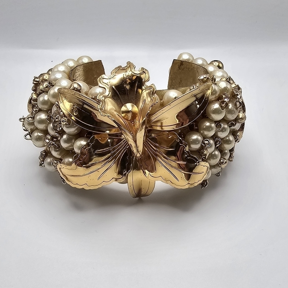 Vintage Gold and Pearl Floral Statement Cuff Bracelet